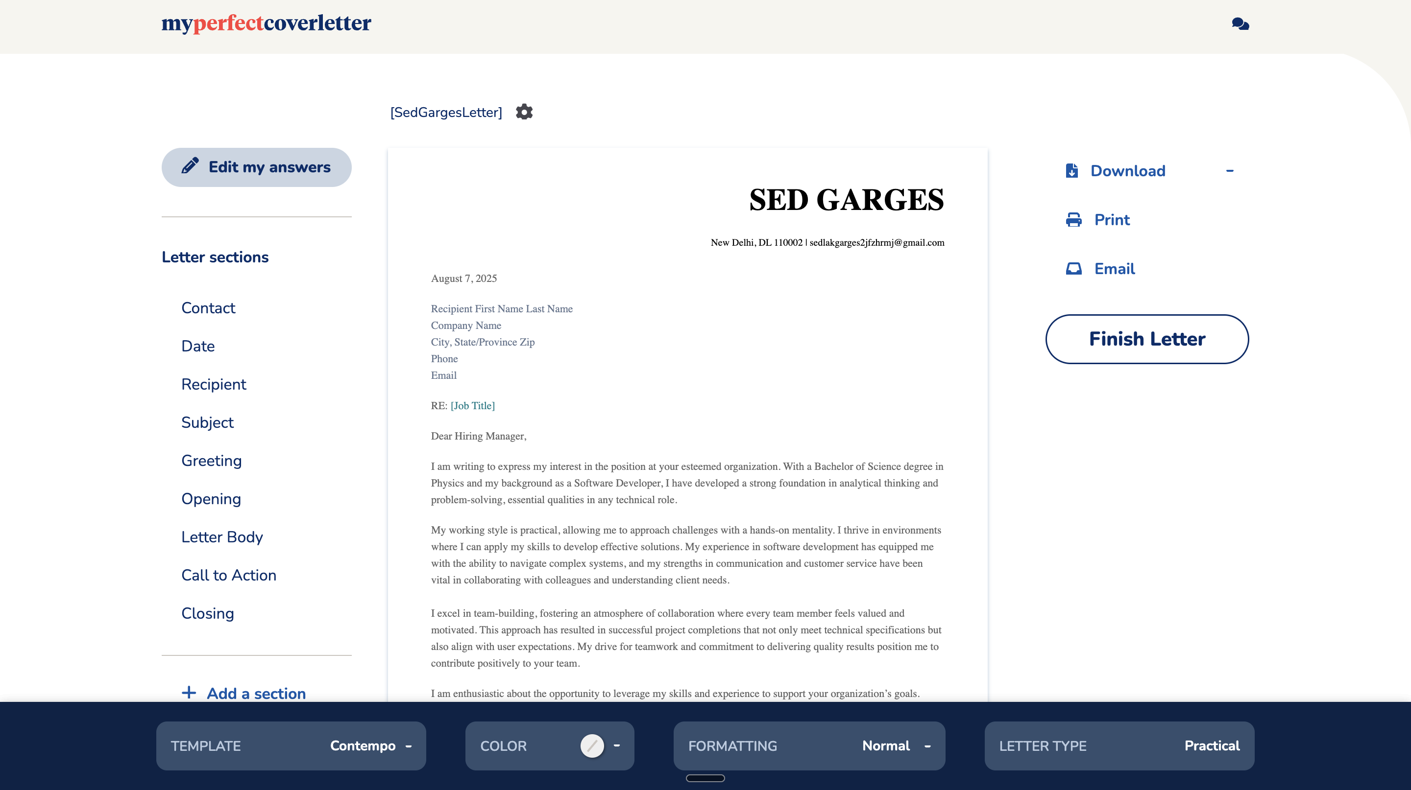 MyPerfectCoverLetter Result